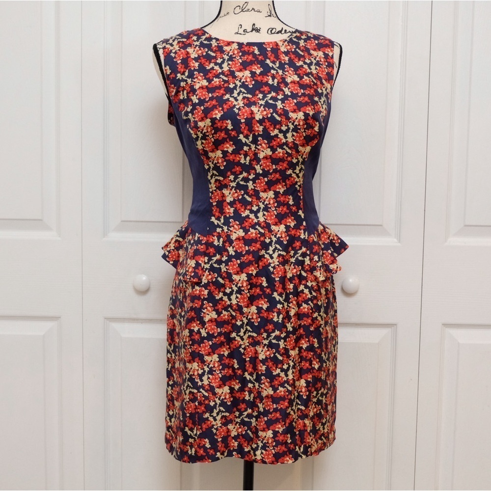 Anthropologie Kachel Silk Floral Peplum Dress Size 6 Red Blue Career Party - Picture 7 of 8